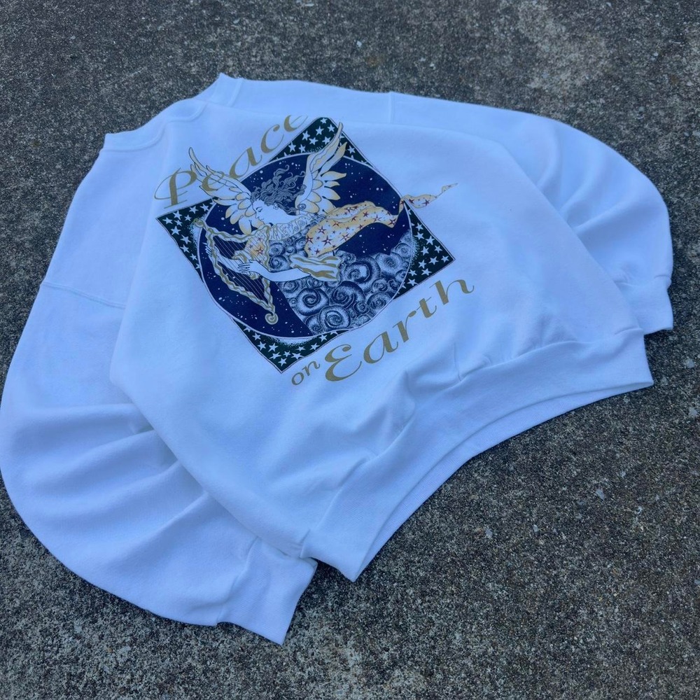 Vintage 90s Hanes Peace On Earth Angel Crewneck Fairycore White Large f7